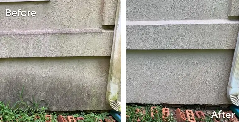 Before and after comparison of a professional stucco soft-washing service by Hartmann, removing dirt and grime to restore the home's exterior.