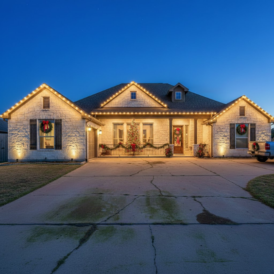 Professional holiday light installation on a luxury single-story home in Texas at dusk.